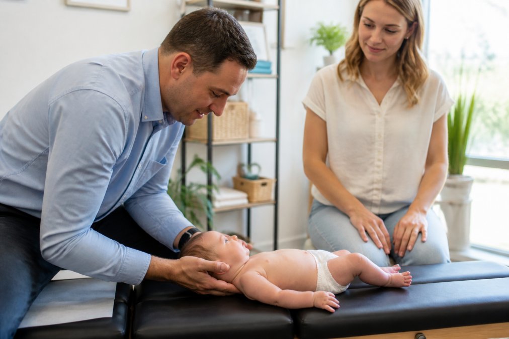 Pediatric chiropractor gently examining newborn's spine and posture while parent sits nearby in calm, welcoming clinical setting with soft natural lighting