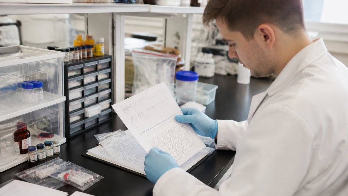 Researcher in laboratory examining printed peptide documentation and analytical test results at workbench with organized research materials and storage containers, natural lighting from overhead