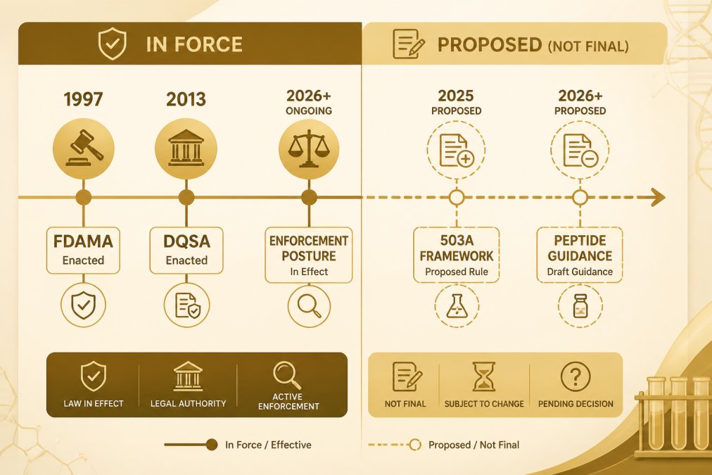 Is Peptide Research Legal in 2026? A Guide Status-and-effective-date timeline showing enacted statutes (FDAMA 1997, DQSA 2013), current enforcement posture, and proposed-but-not-final actions, with a clear visual split between "in force" and "proposed"