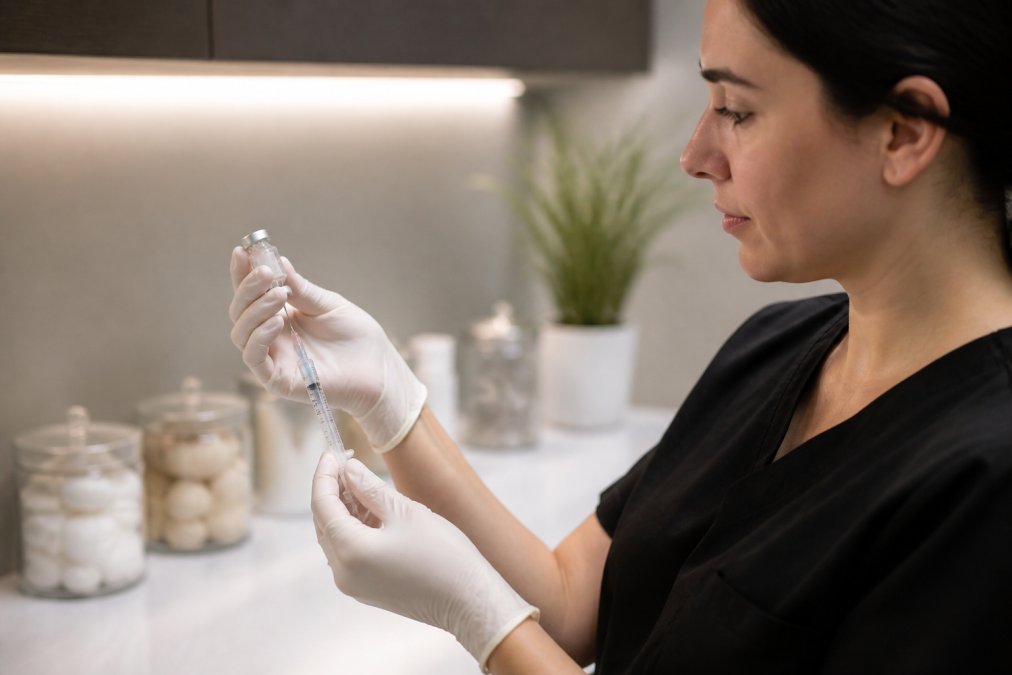 Healthcare practitioner in sterile gloves carefully preparing a subcutaneous peptide injection with a calibrated syringe in a modern clinical setting with soft overhead lighting