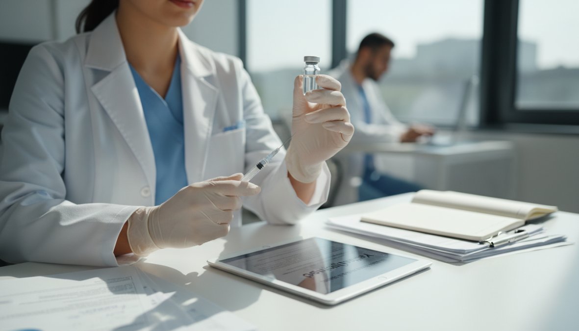A medical professional in a white coat carefully reviewing a labeled peptide vial and syringe on a clean clinical desk, with a digital tablet displaying research notes nearby, under bright overhead lighting