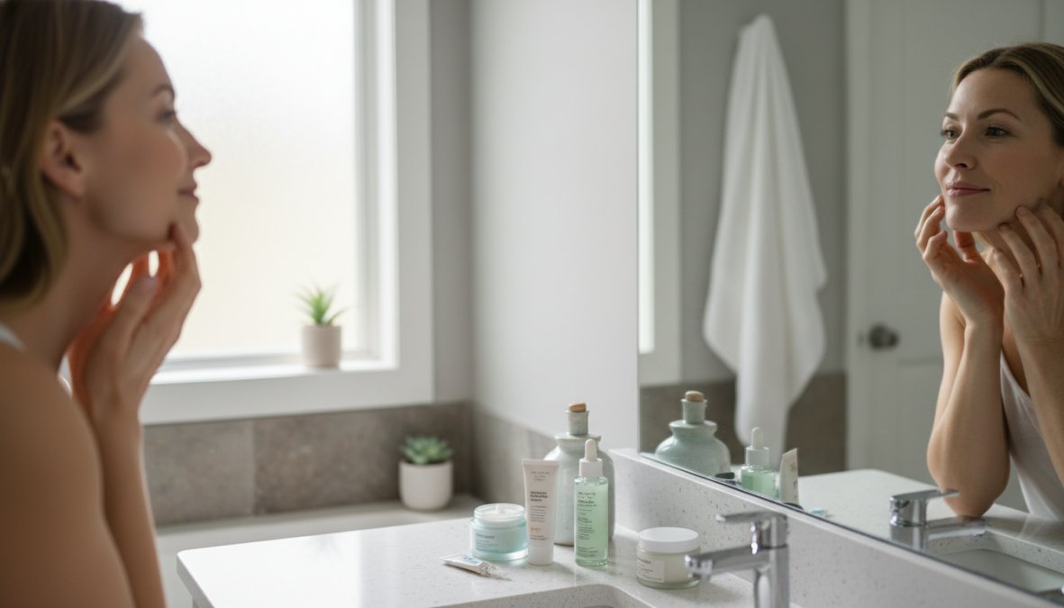 A woman in her early 40s examining her smooth, glowing skin in a well-lit bathroom mirror, natural morning light streaming through a frosted window, conveying a calm and confident skincare routine