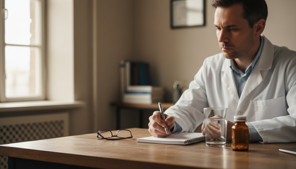 A person in their 30s sitting at a tidy home desk, engaged in a telehealth video consultation on a laptop screen showing a physician, with a notepad, pen, and glass of water nearby, warm natural lighting through a window
