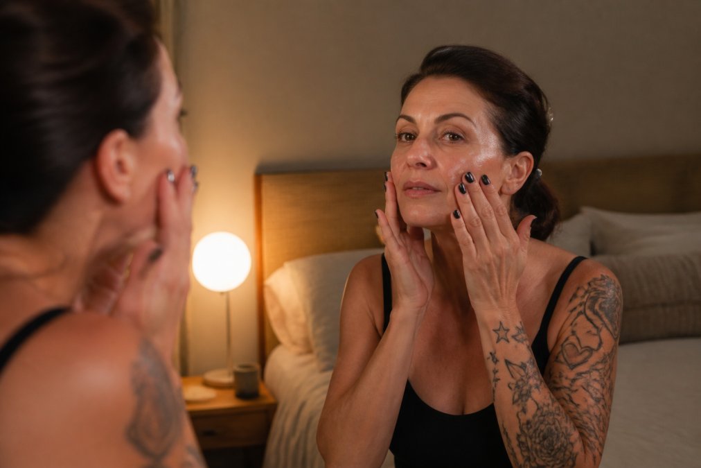 Woman in her 40s in a softly lit bedroom at her vanity, applying skincare products to her face with a focused, peaceful expression, warm lighting casting gentle shadows