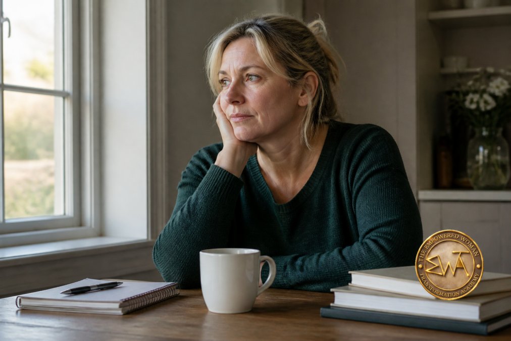 A woman in her 40s sitting alone at a table with a coffee cup, looking thoughtful and slightly tired, natural daylight from a window, conveying fatigue and contemplation
