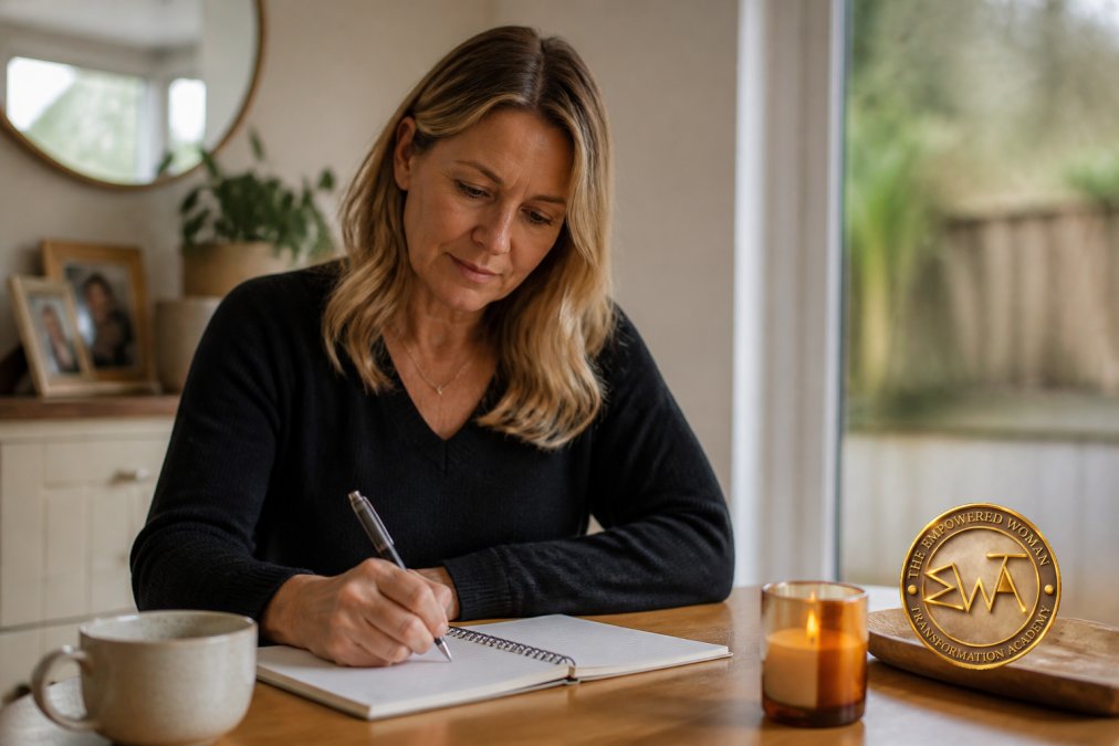 A woman writing in a notebook or journal, pen in hand, sitting at a desk with warm lighting, suggesting reflection and self-assessment