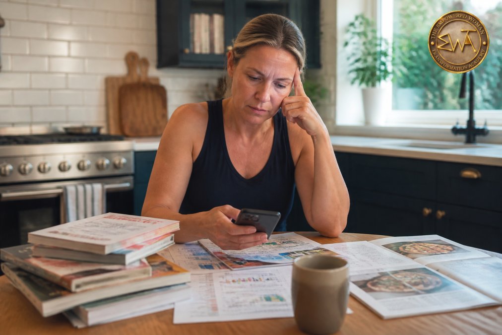 A woman in her 40s sitting at a kitchen table surrounded by empty diet books, meal plan printouts, and fitness app notifications on her phone, looking thoughtful and slightly overwhelmed but determined