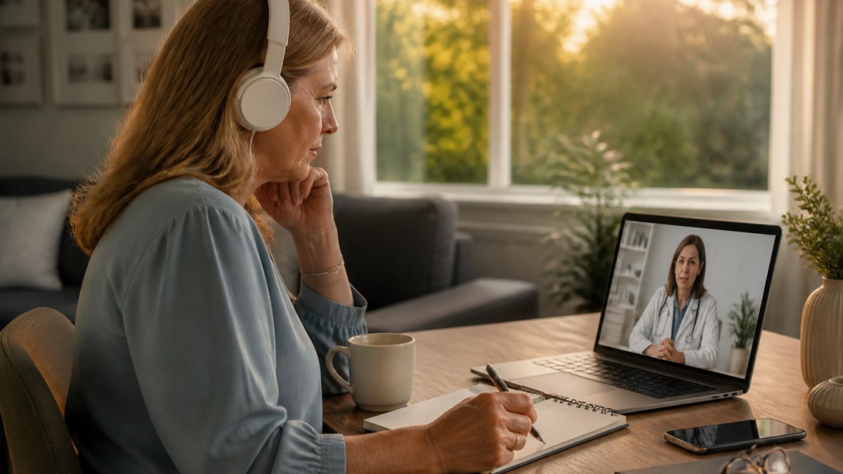 A woman in her late forties sitting at a desk with headphones on, laptop open to a video call with a doctor, warm afternoon light through a window behind her