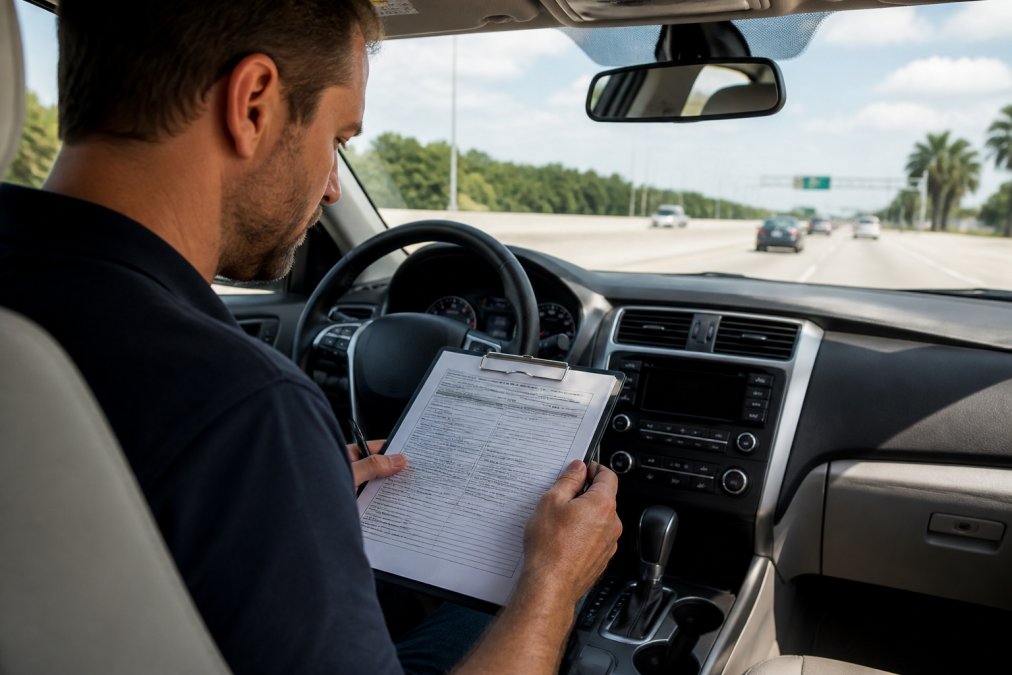 A driver sitting in their car reviewing insurance documents on a clipboard, with a Florida highway visible through the windshield