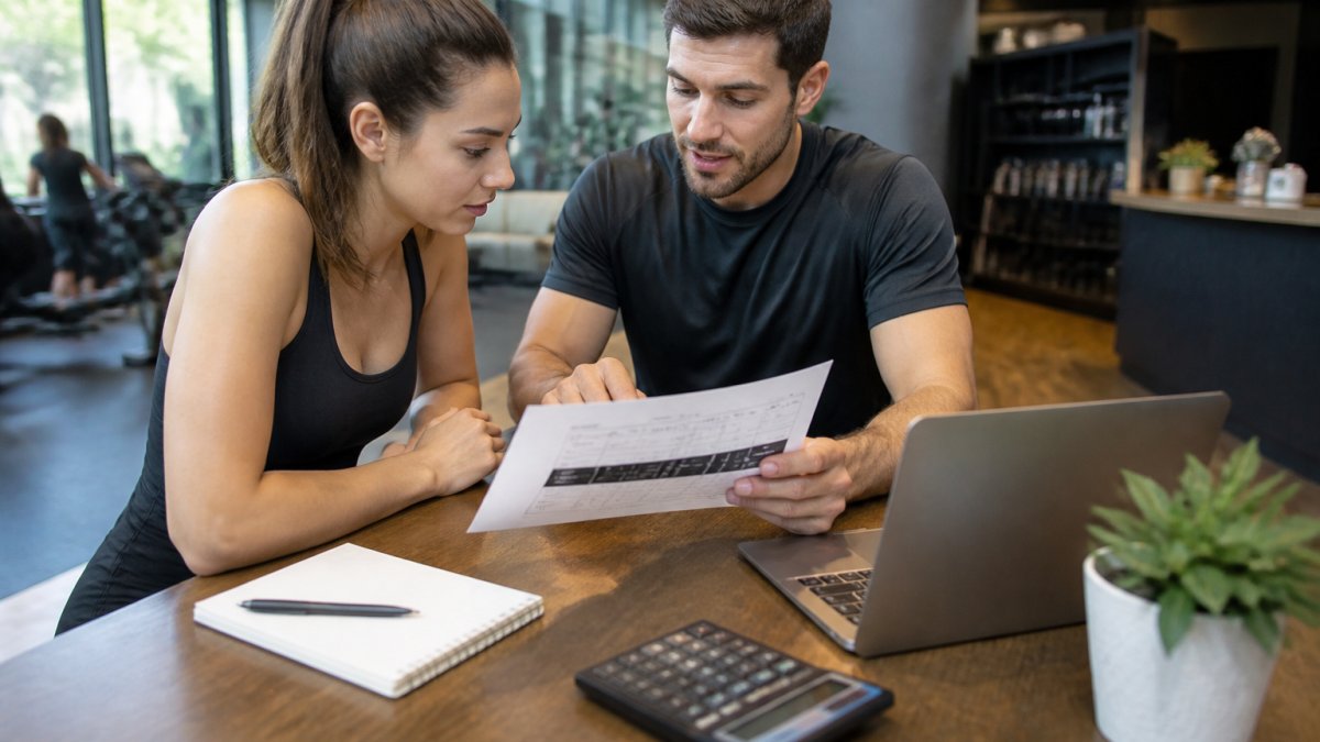 A personal trainer and a beginner client reviewing a printed pricing sheet at a table in a bright gym reception area, with a laptop and notebook nearby