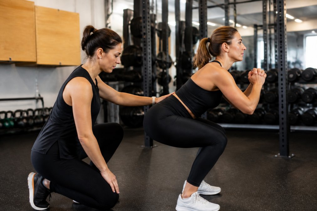 A certified personal trainer demonstrating proper squat form to a focused adult client in a well-equipped gym, both engaged mid-session under bright overhead lighting, the trainer's hand positioned at the client's lower back for cue