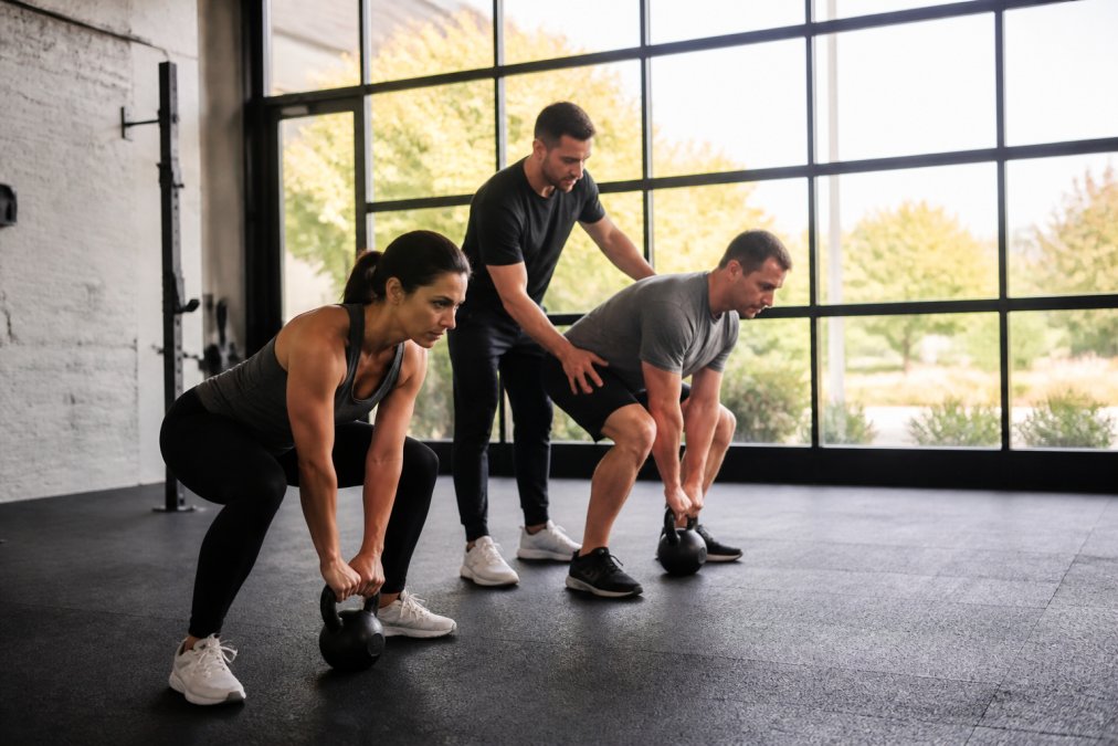 Two adults performing kettlebell exercises in a small group session with a coach standing nearby providing hands-on form guidance in a modern fitness studio with natural light coming through large windows