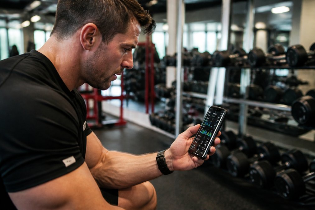 Athlete checking progress on smartphone during workout, showing app interface with workout metrics and performance data displayed on screen in bright gym setting