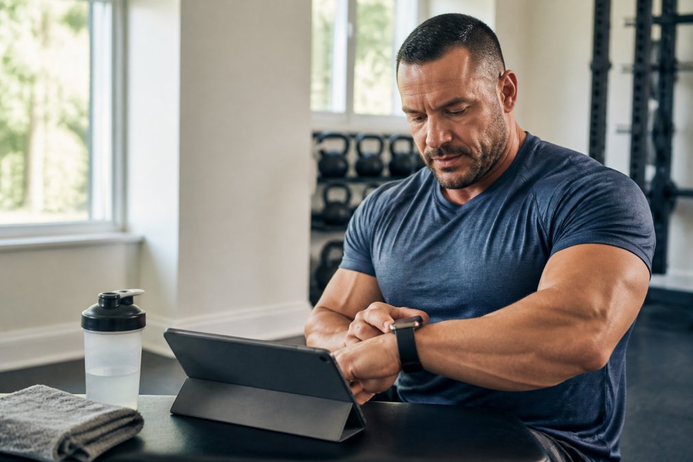Person reviewing wearable device data on smartwatch while reviewing personalized training plan on tablet in modern home gym with natural light