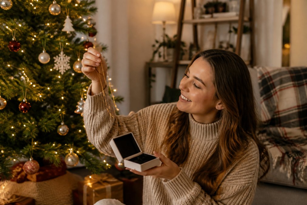 A woman in a cozy living room opening a small jewelry box on Christmas morning, holding a delicate engraved necklace up to the light from the tree, warm golden glow across the scene