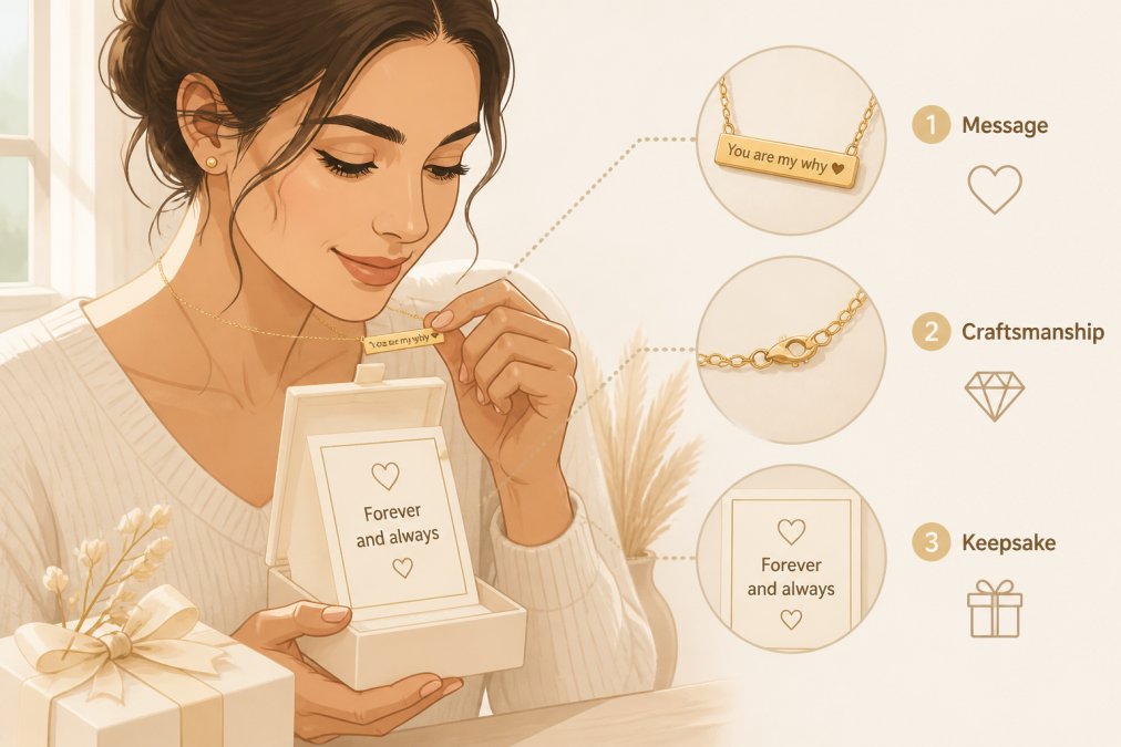 Woman admiring a personalized necklace with custom message card in natural lighting, showing the piece close to her face to examine the craftsmanship and design details