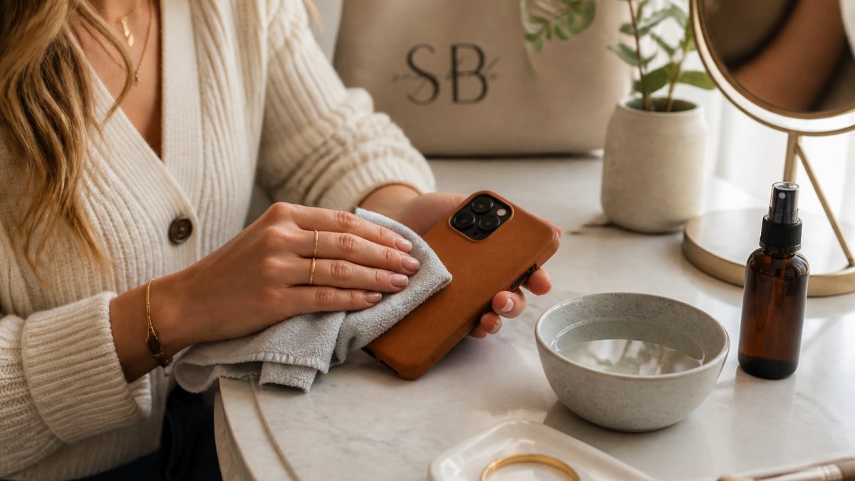 Hands gently wiping a monogrammed leather phone case with a soft microfiber cloth on a vanity