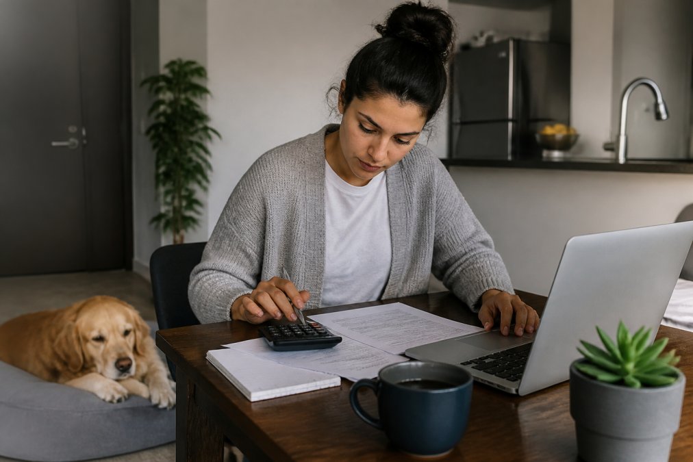 Is Pet Rent Worth It for Apartment Renters? 2 A young renter sitting at a kitchen table with a laptop, lease papers, and a calculator, with a dog resting nearby, reviewing monthly pet rent costs