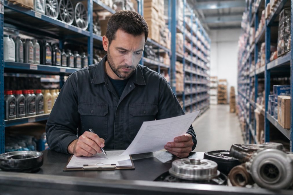 Automotive parts store manager reviewing inventory and product data on a desktop computer in a well-organized warehouse with shelves of parts visible in the background