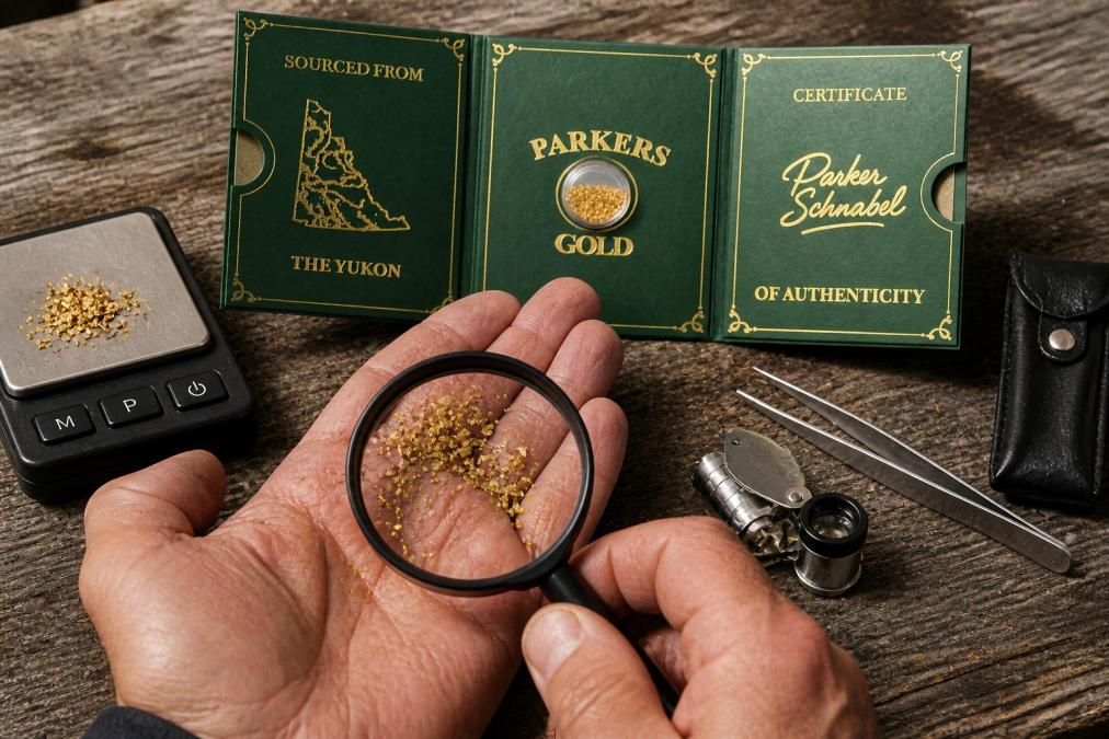 Close-up of hands holding raw placer gold flakes and nuggets under natural light, with a magnifying glass, precision scale, and assay tools arranged on a weathered wooden surface