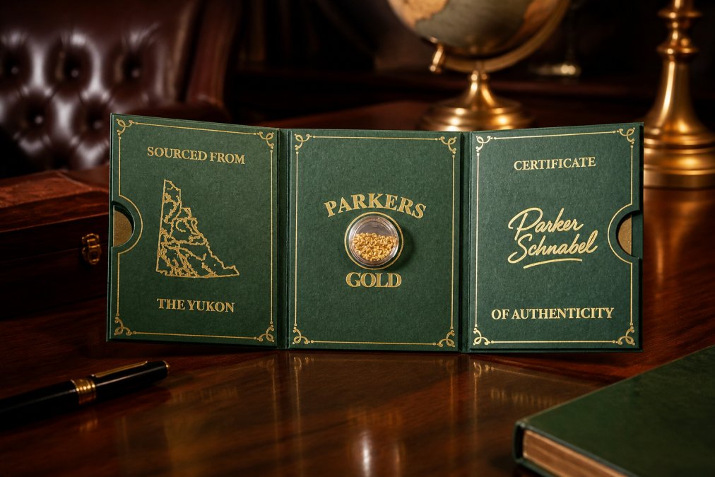 A collector's display case with authenticated placer gold flakes in a handcrafted tri-fold presentation, Certificate of Authenticity visible, styled on a polished desk with warm ambient lighting