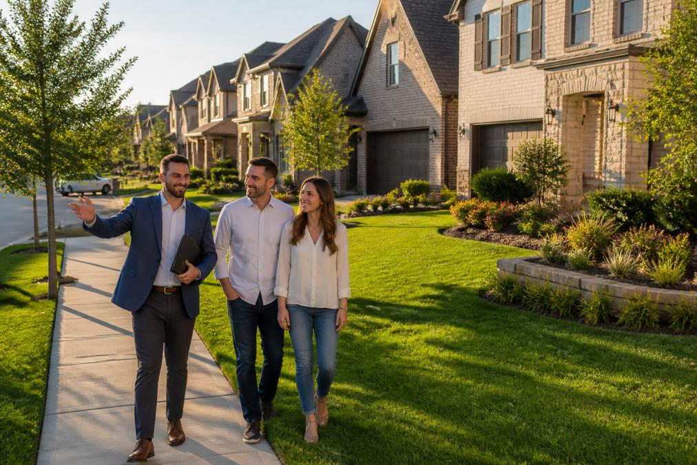 Suburban street lined with well-maintained two-story homes, manicured green lawns, and modern architectural details representing a desirable Plano neighborhood in afternoon sunlight