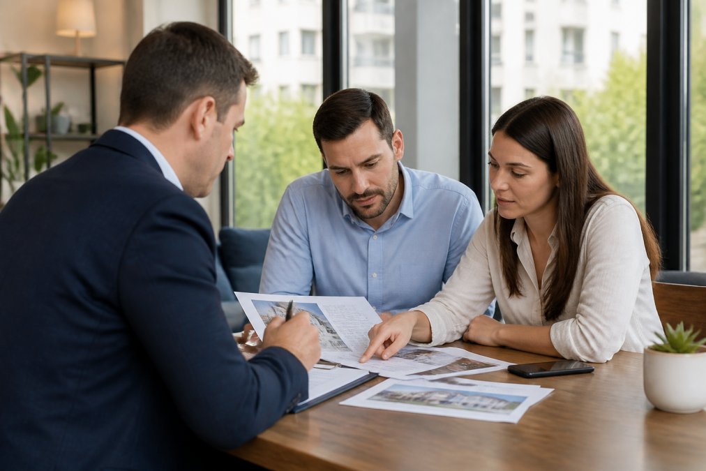 Real estate agent and prospective buyers reviewing property documents and discussing investment strategy in a modern office setting with natural lighting