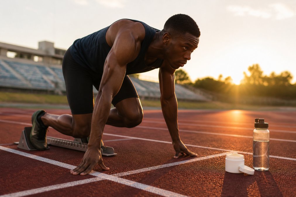 A sprinter in a starting block on an outdoor track at golden hour, muscles tensed before the gun, with a water bottle and small container of creatine powder visible on the ground beside the blocks