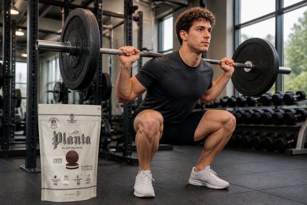 Young athlete performing barbell back squat in well-lit commercial gym with focused intensity, demonstrating proper form and muscle engagement