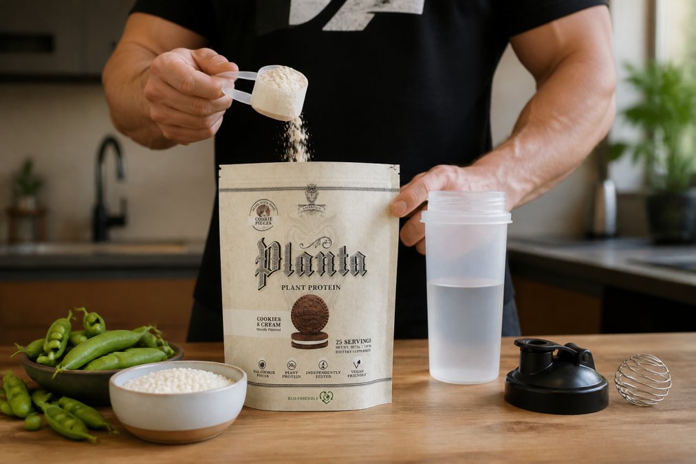 Close-up of hands holding a plant-based protein powder container with measuring scoop, shaker bottle, and fresh ingredients (pea pods, rice grains) arranged on light wood surface with natural morning light
