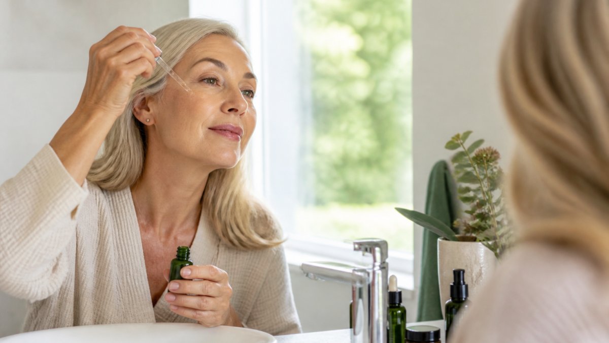 Woman in her fifties applying plant-based skincare serum in soft morning light at a bathroom basin
