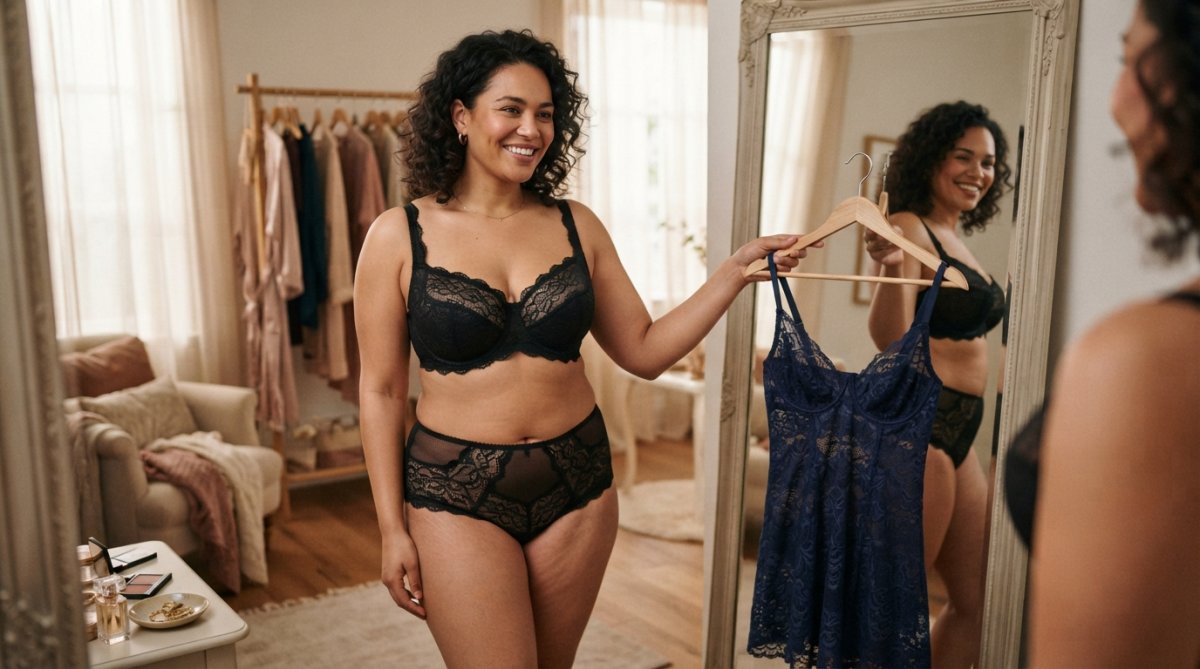 Confident woman in black lace lingerie holding a matching set in a softly lit dressing room with a mirror.