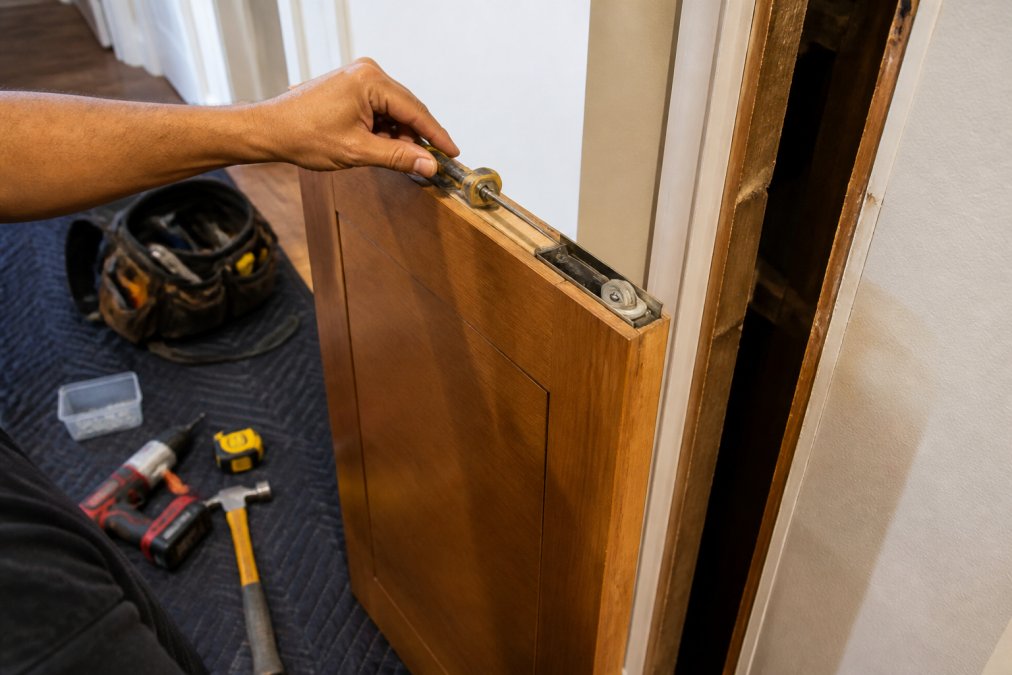 Homeowner using a screwdriver to adjust top roller hardware for pocket door repair while the panel is pulled out.