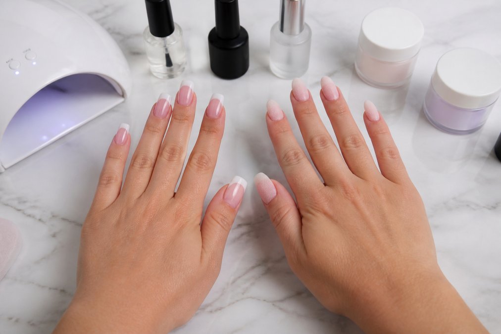 Overhead shot of two hands side by side on a white marble surface, one hand with glossy polygel nails and the other with a dip powder manicure, surrounded by small bottles of base coat, activator, and an LED curing lamp