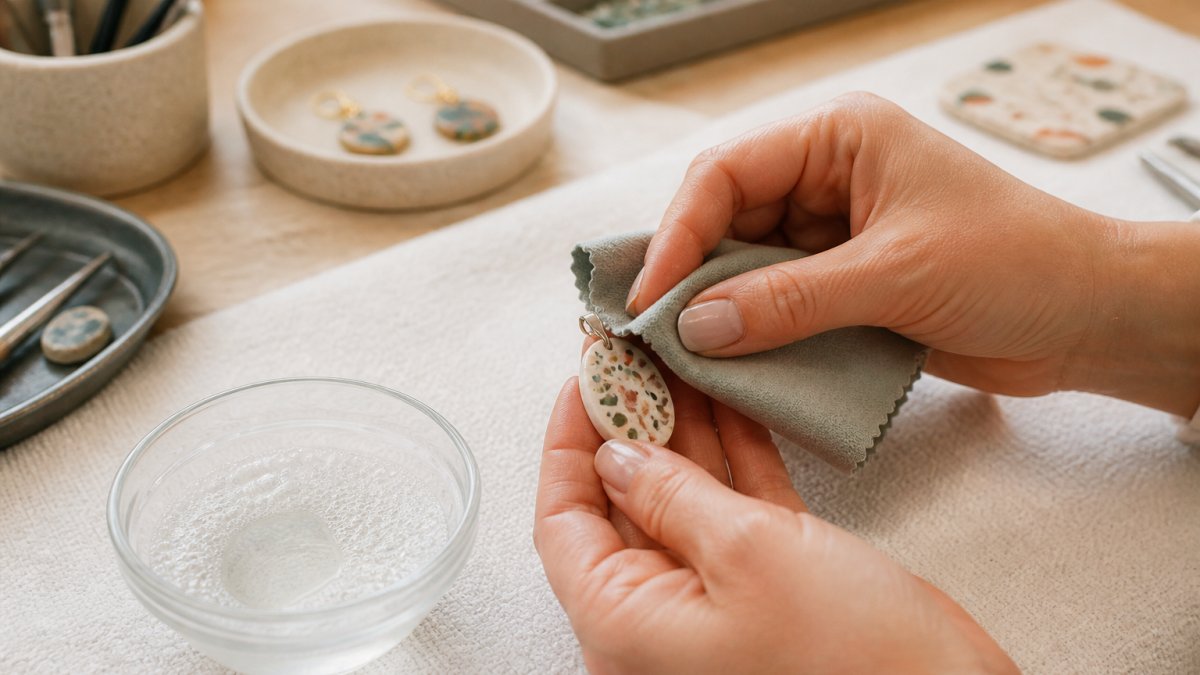 Hands gently wiping a polymer clay pendant with a soft microfiber cloth on a clean, dry surface, with a small bowl of water and mild soap nearby, in a bright, natural-light setting