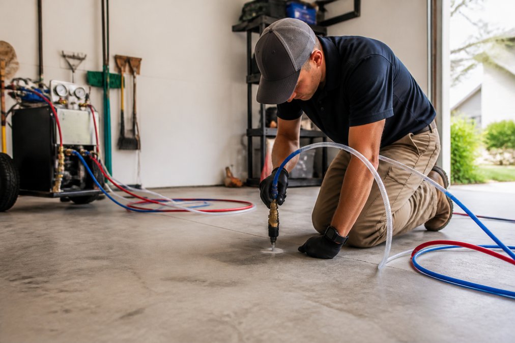 Technician using equipment for polyurethane foundation repair by injecting foam into a residential garage slab.