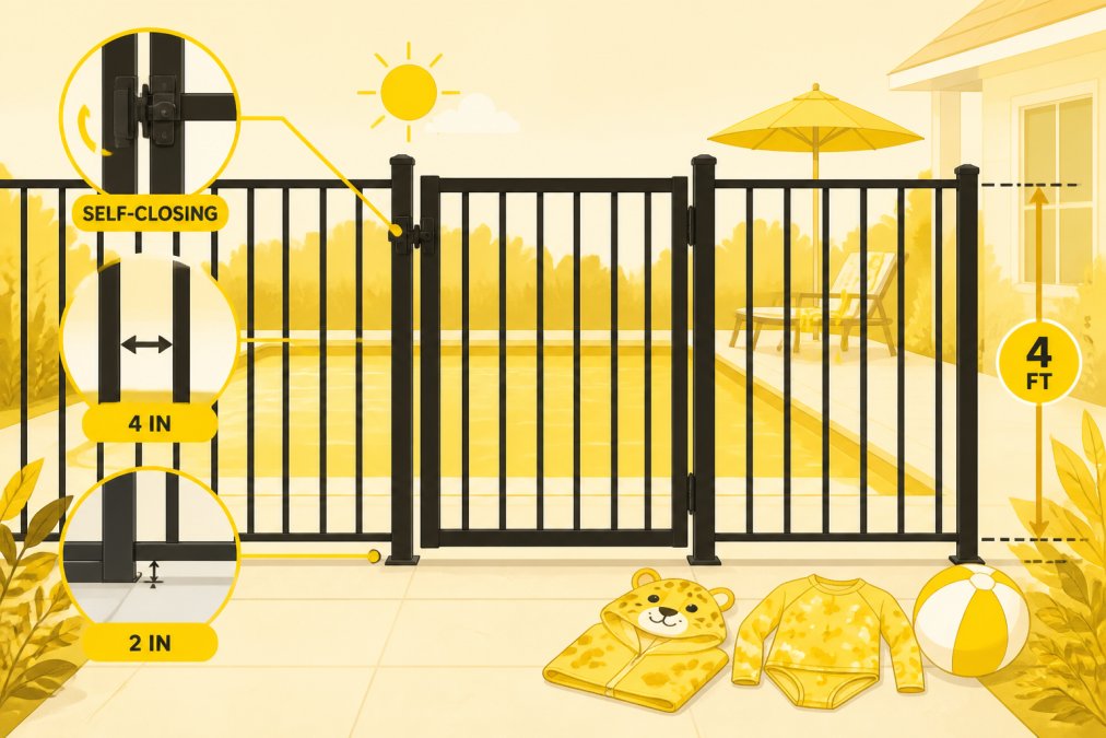 Residential backyard with properly installed pool fence showing self-closing gate mechanism, appropriate vertical spacing between aluminum slats, and compliant 4-foot barrier height in afternoon sunlight
