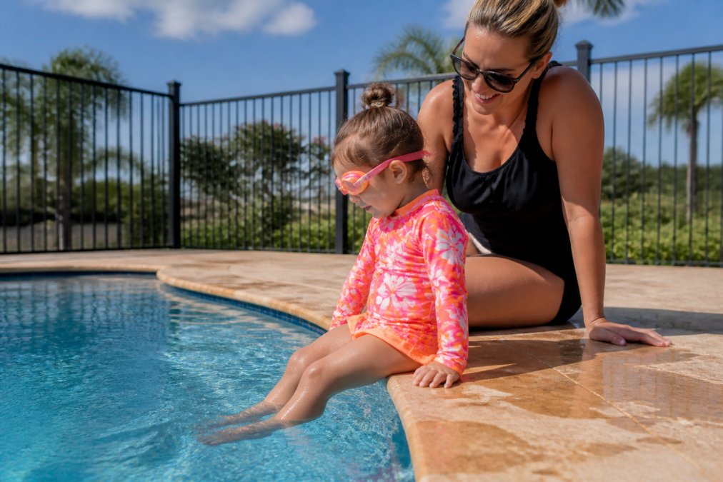 Young child wearing bright high-visibility swimsuit and rash guard at poolside, with supervising adult nearby, demonstrating proper layered protection approach in outdoor pool setting