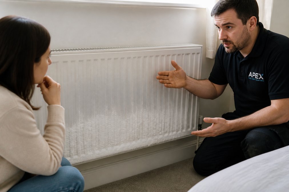 Close-up of a cold radiator with frost forming on the lower section while upper portion shows condensation, demonstrating poor heat distribution in a residential bedroom