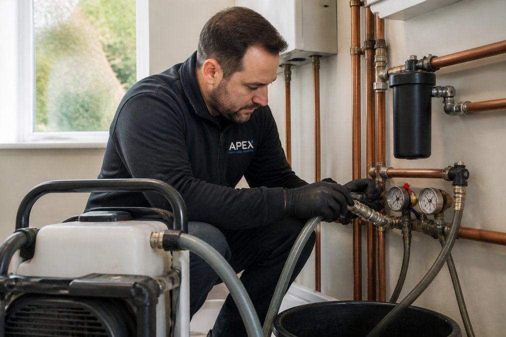 Professional heating engineer in workwear connecting a power flushing machine to copper pipework in a utility room, with pressure gauges and magnetic filter visible, natural daylight from window