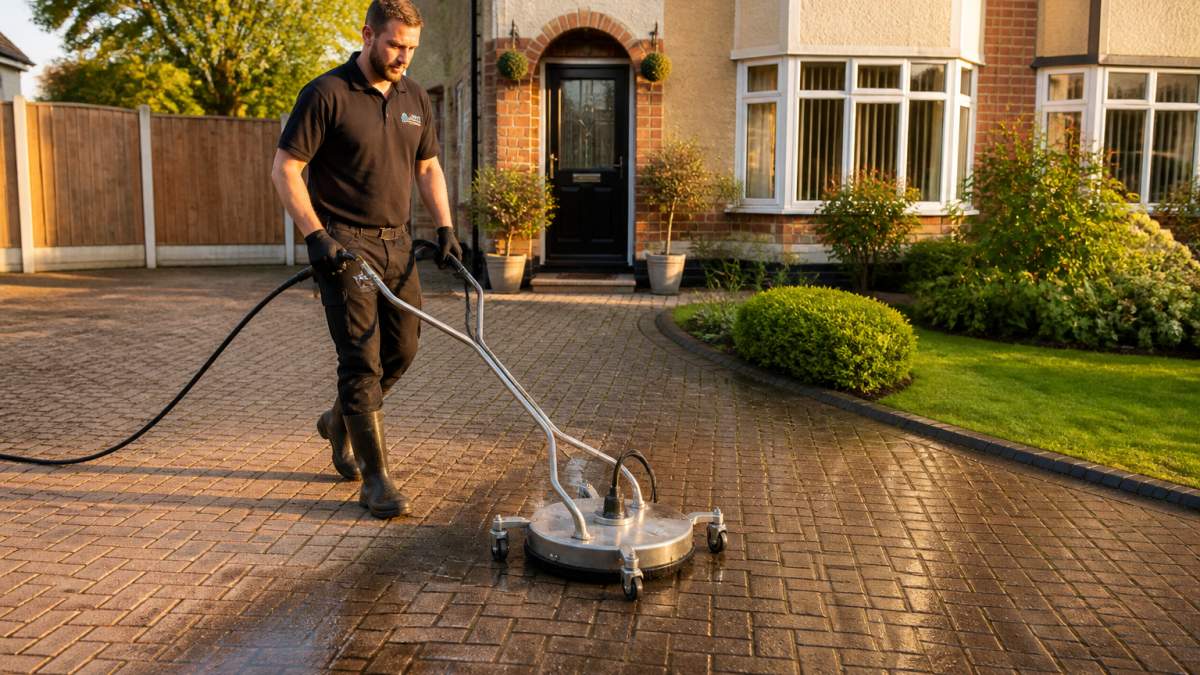 A technician in branded workwear using a rotary surface cleaner on a block paved driveway, with a neat line of cleaned paving visible beside uncleaned blocks and a semi-detached British house and front garden in the background