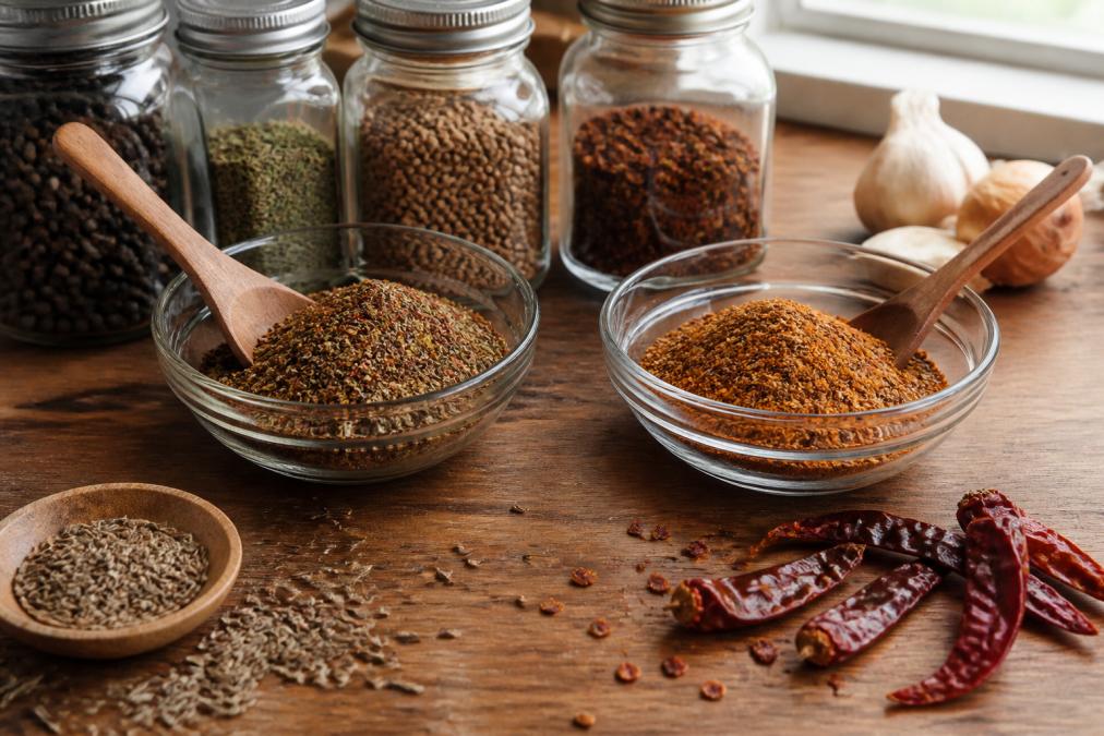 Homemade spice blend in a bowl next to a poured-out packet of pre-mixed seasoning on a rustic kitchen counter.