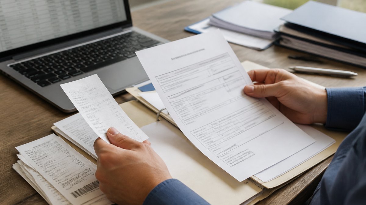 Close-up of hands organizing receipts and a bill of sale on a desk beside a laptop showing a spreadsheet, in a bright office setting