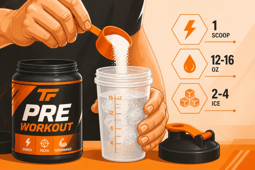 Close-up of pre-workout powder being scooped into a shaker bottle with water and ice, hands in focus showing preparation