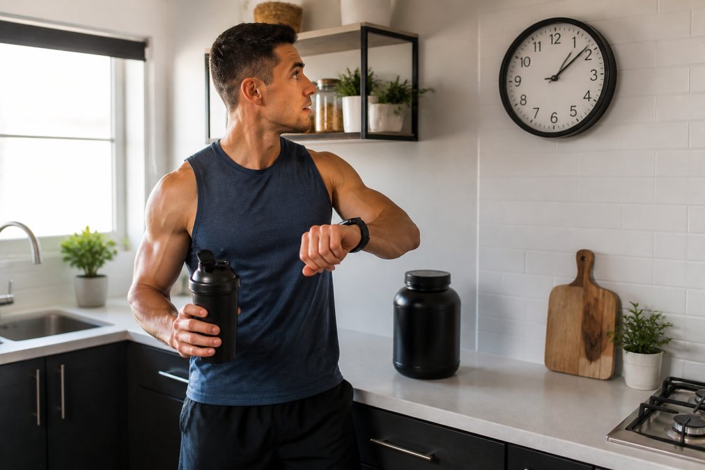 A fit athlete in athletic wear holding a shaker cup while glancing at a wall clock in a bright, modern kitchen before a morning workout session