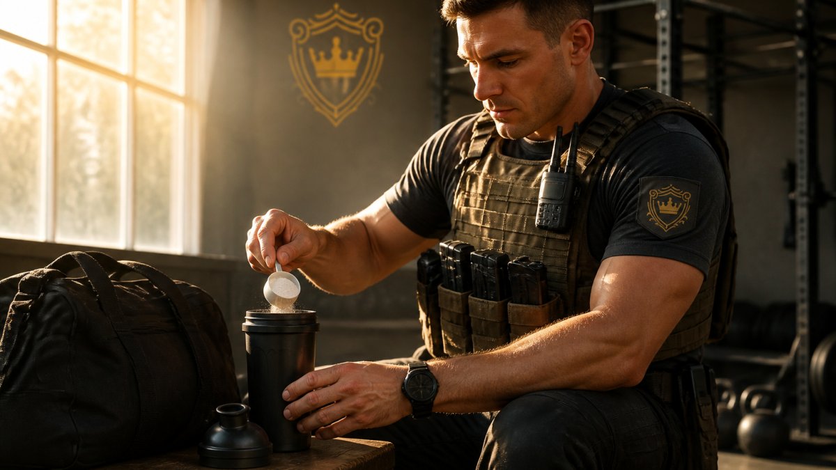 First responder in tactical gear mixing pre-workout powder in a shaker bottle in morning light before intense training session