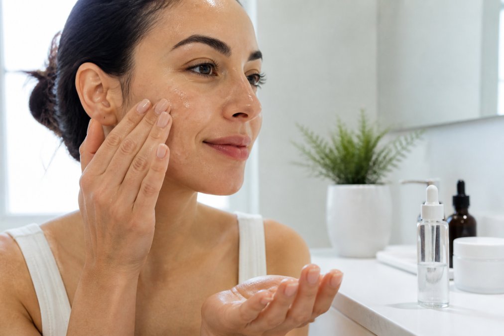 Close-up of hands applying a clear gel serum to clean facial skin, with minimalist white bathroom counter, skincare bottles, and soft natural lighting from window