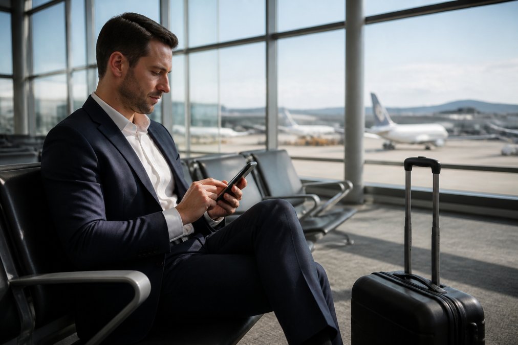 Professional traveller sitting in airport waiting area with luggage, using smartphone to book a taxi in advance, natural daylight from terminal windows