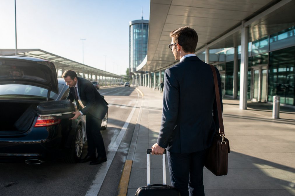 Professional traveller with luggage standing outside airport terminal at taxi pickup area, driver unloading luggage from pre-booked taxi, morning light