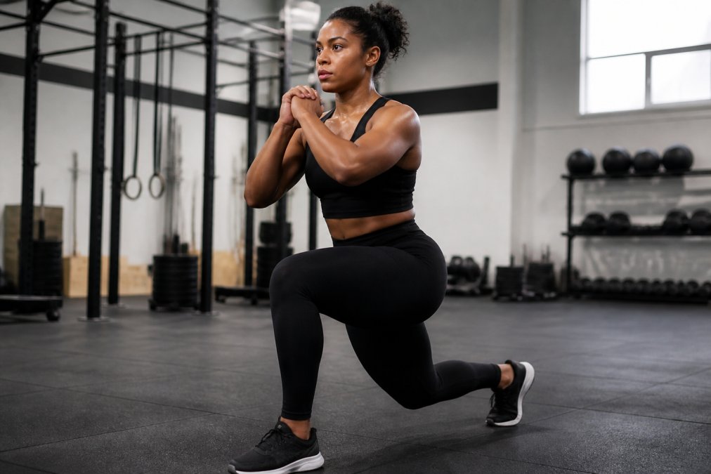 Woman in motion during high-intensity interval training, wearing premium activewear that demonstrates support and shape retention, confidence visible in her posture, bright gym lighting
